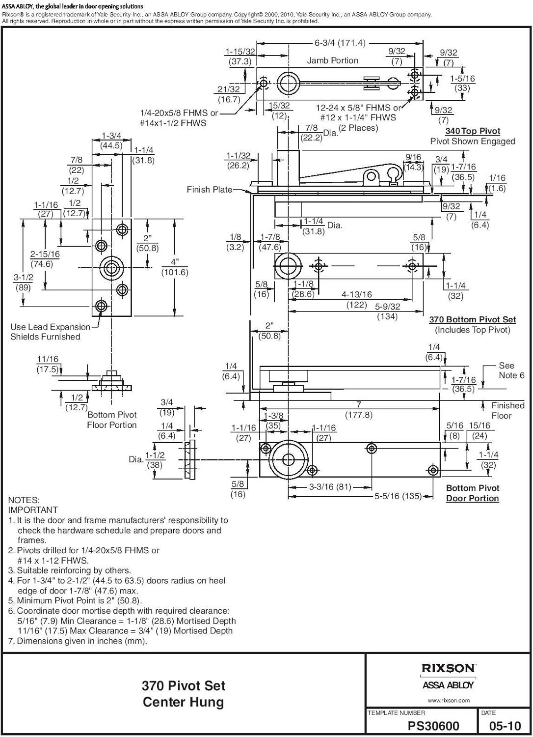 Rixson ASSA ABLOY Model 370 Center Hung Pivot Hinges for Interior or Exterior Doors - Satin Chrome (626), Fits Doors up to 3' 8"x 8' 6" & 500 lbs.