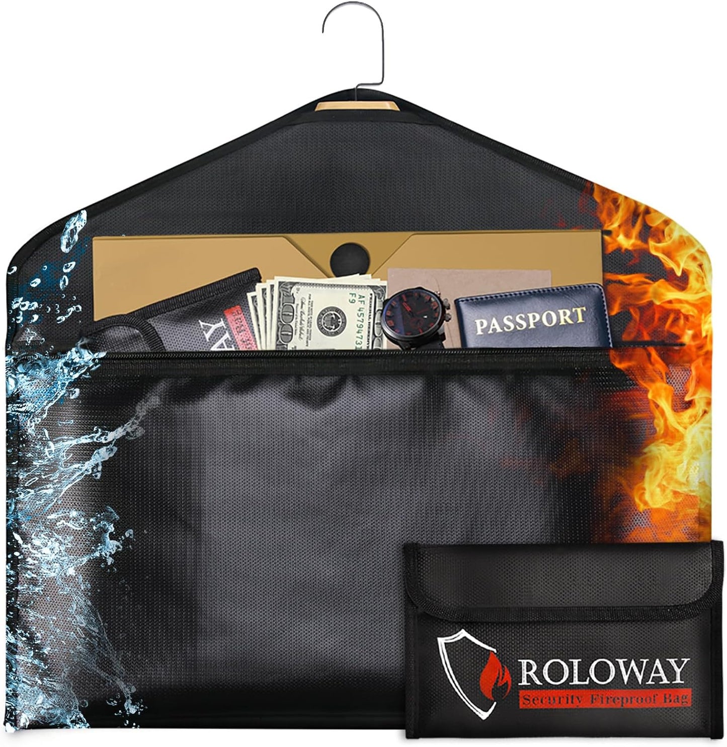 ROLOWAY Fireproof Hanger Safe with Small Bag - Hidden Compartment for Home & Travel - Secret Money Stash Safe - Water Resistant Pocket Safe