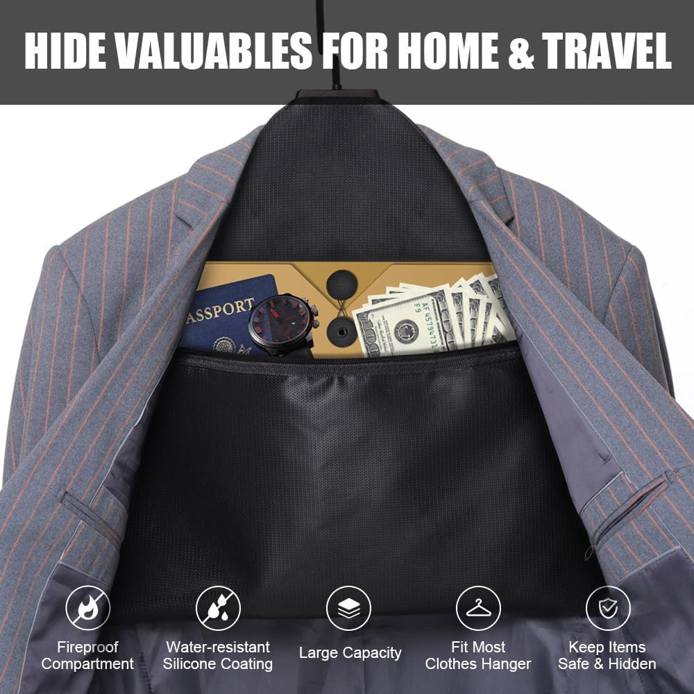 ROLOWAY Fireproof Hanger Safe with Small Bag - Hidden Compartment for Home & Travel - Secret Money Stash Safe - Water Resistant Pocket Safe