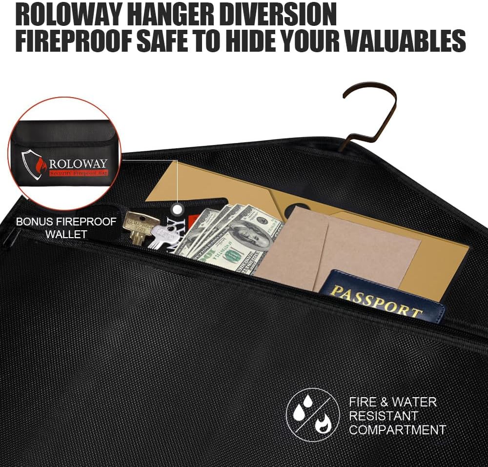 ROLOWAY Fireproof Hanger Safe with Small Bag - Hidden Compartment for Home & Travel - Secret Money Stash Safe - Water Resistant Pocket Safe