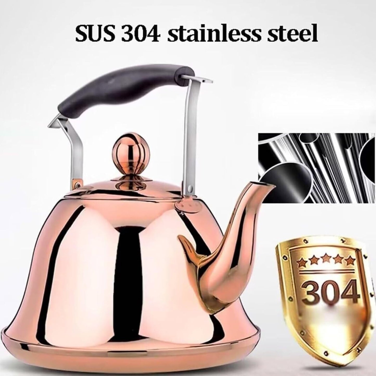 Rose Gold Stainless Steel Whistling Tea Kettle 1.5L for Gas Stove or Induction Hob - Fast Boil, Mirror Polish, Foldable Handle