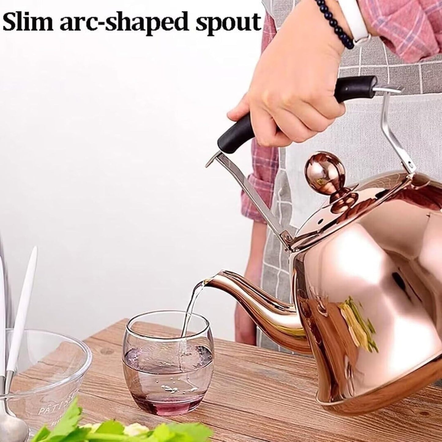 Rose Gold Stainless Steel Whistling Tea Kettle 1.5L for Gas Stove or Induction Hob - Fast Boil, Mirror Polish, Foldable Handle