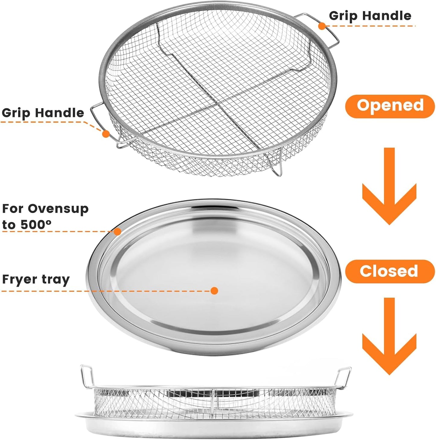 Round 12'' Non-Stick Stainless Steel Air Fryer Basket Set for Oven - 2 Piece Accessories Rack Roasting Grill Tray for Convection Oven, Dishwasher Safe