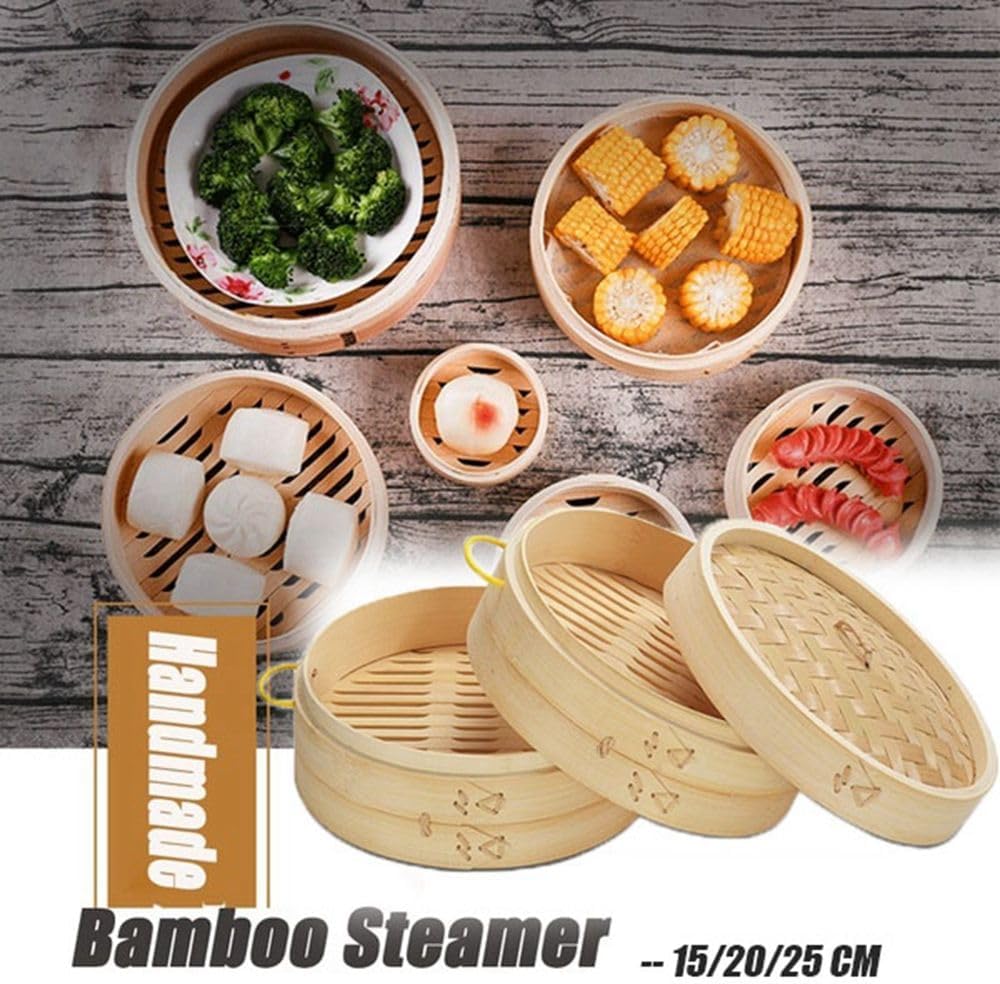 Round Bamboo Steamer Basket - 7.87 inch Dumpling Food Steamer for Chinese Asian Cooking