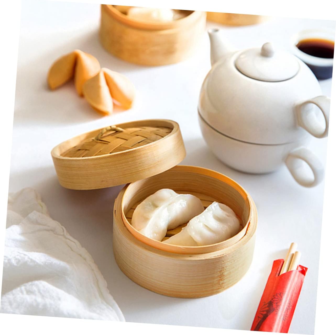 Round Dim Sum Bamboo Steamer with Handle Cover for Buns and Food - Home Kitchen Cookware by DECHOUS