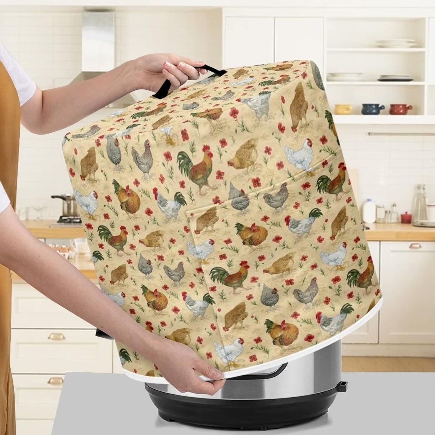 Round Dust Cover with Pocket for 3 Quart Instant Pot, Rice Cooker, and Air Fryer - Stain Resistant Protective Cover for Electric Appliances - Easy to Clean - Chicken Design