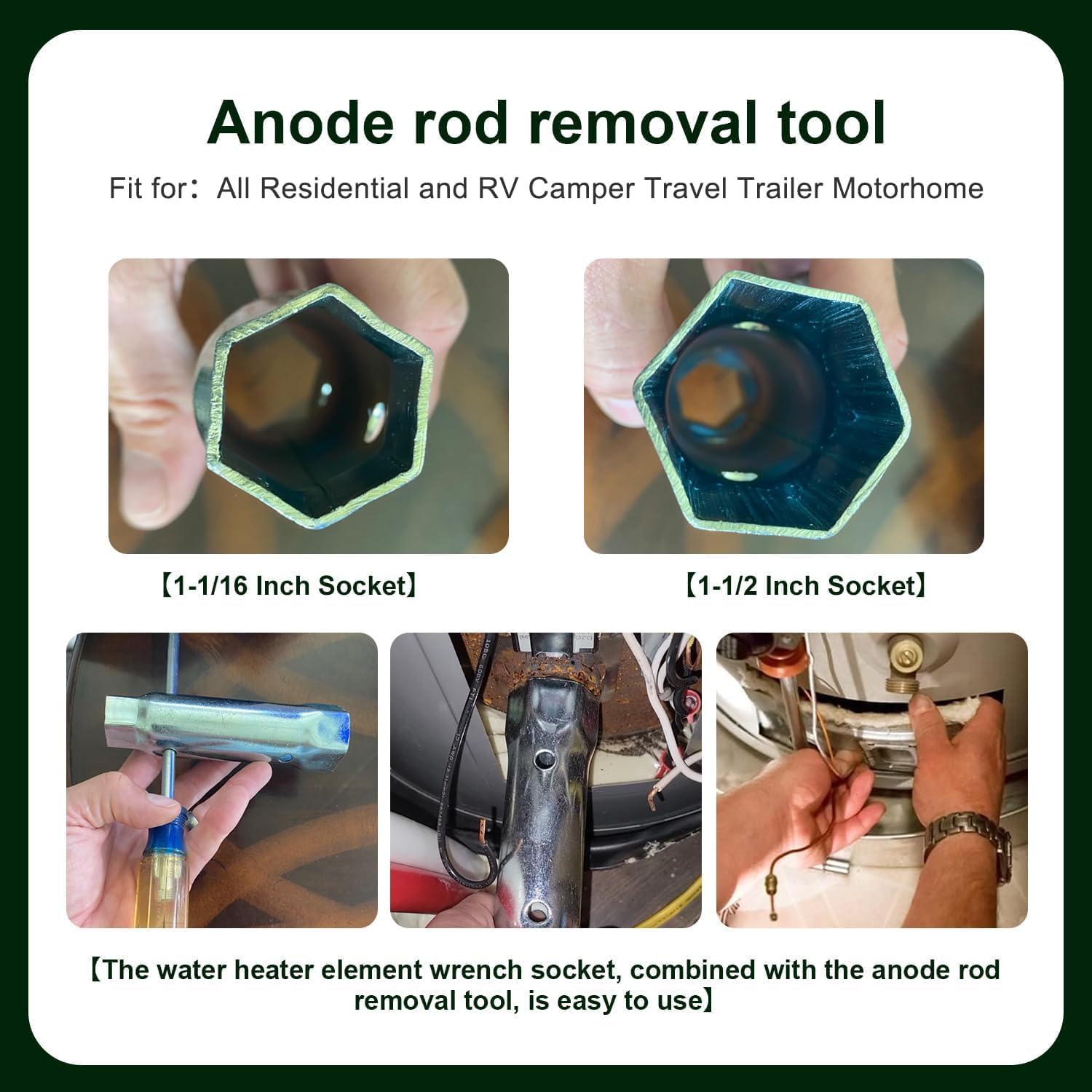RV Water Heater Element Wrench Socket Tool for Anode Rod - Dual Hex Removal (1-1/16 x 1-1/2 x 6 in) - Residential & RV Camper Travel Trailer Motorhome