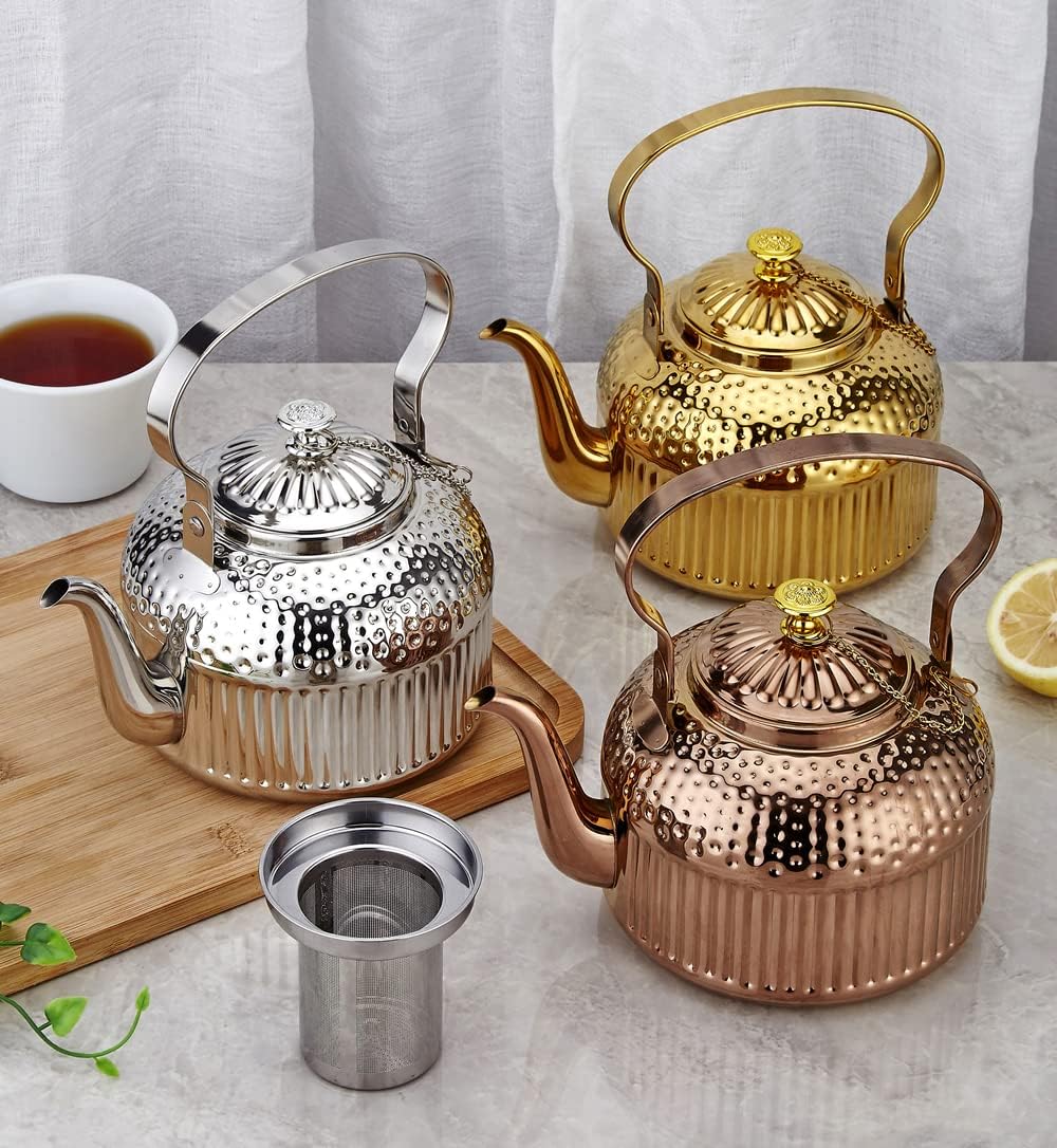 SANQIAHOME Antique Stainless Steel Teapot with Infuser - 1.2L (40Oz) Capacity - Silver Finish