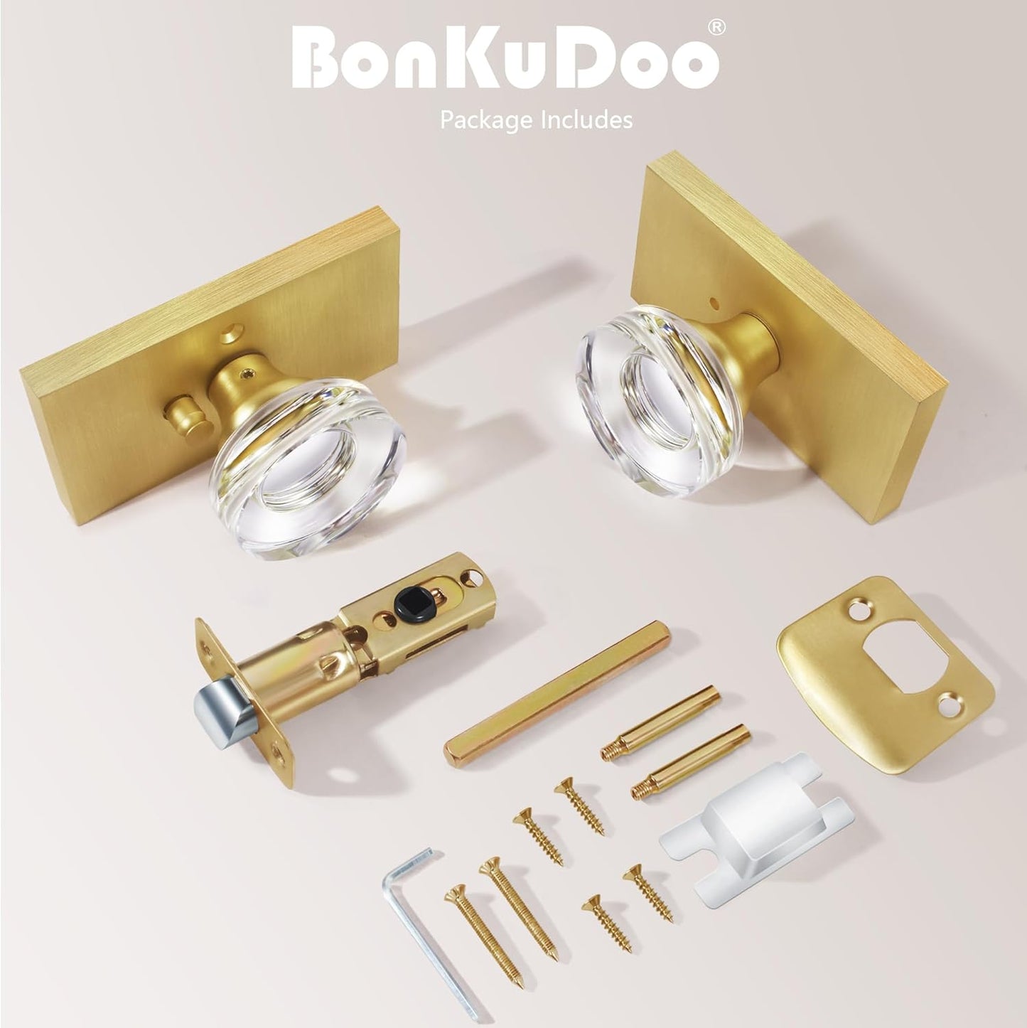 Satin Brass Crystal Glass Privacy Door Knob Set for Bed/Bath - BonKuDoo