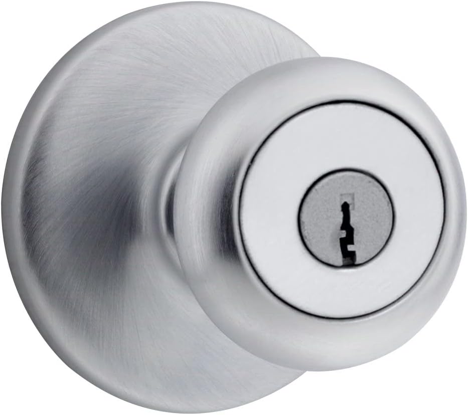 Satin Chrome Key Lock Door Knobs by Kwikset CP400M-26DV1, 1.36 lb, Made in Mexico
