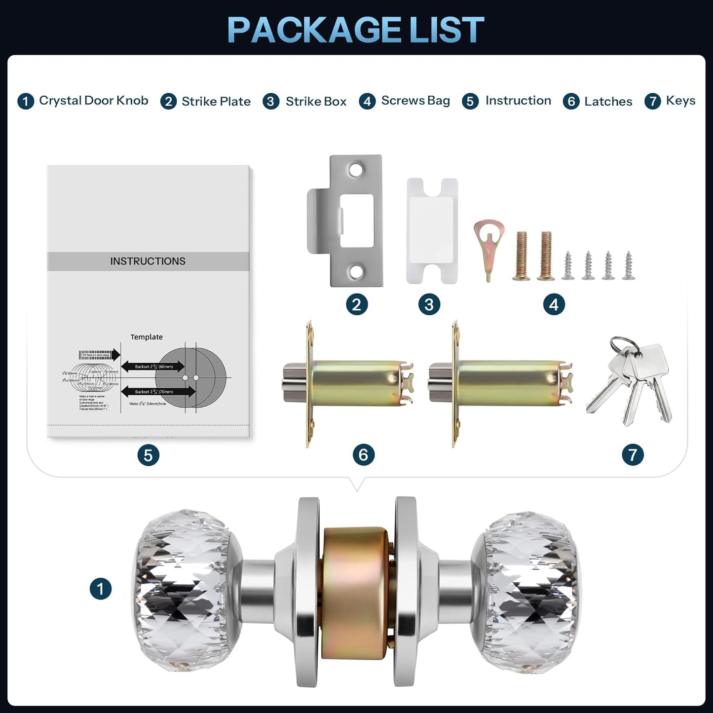 Satin Nickel Crystal Door Knob with Lock and Keys - Interior Glass Knob for Bedroom/Bathroom Privacy - Diamond Crystal Design