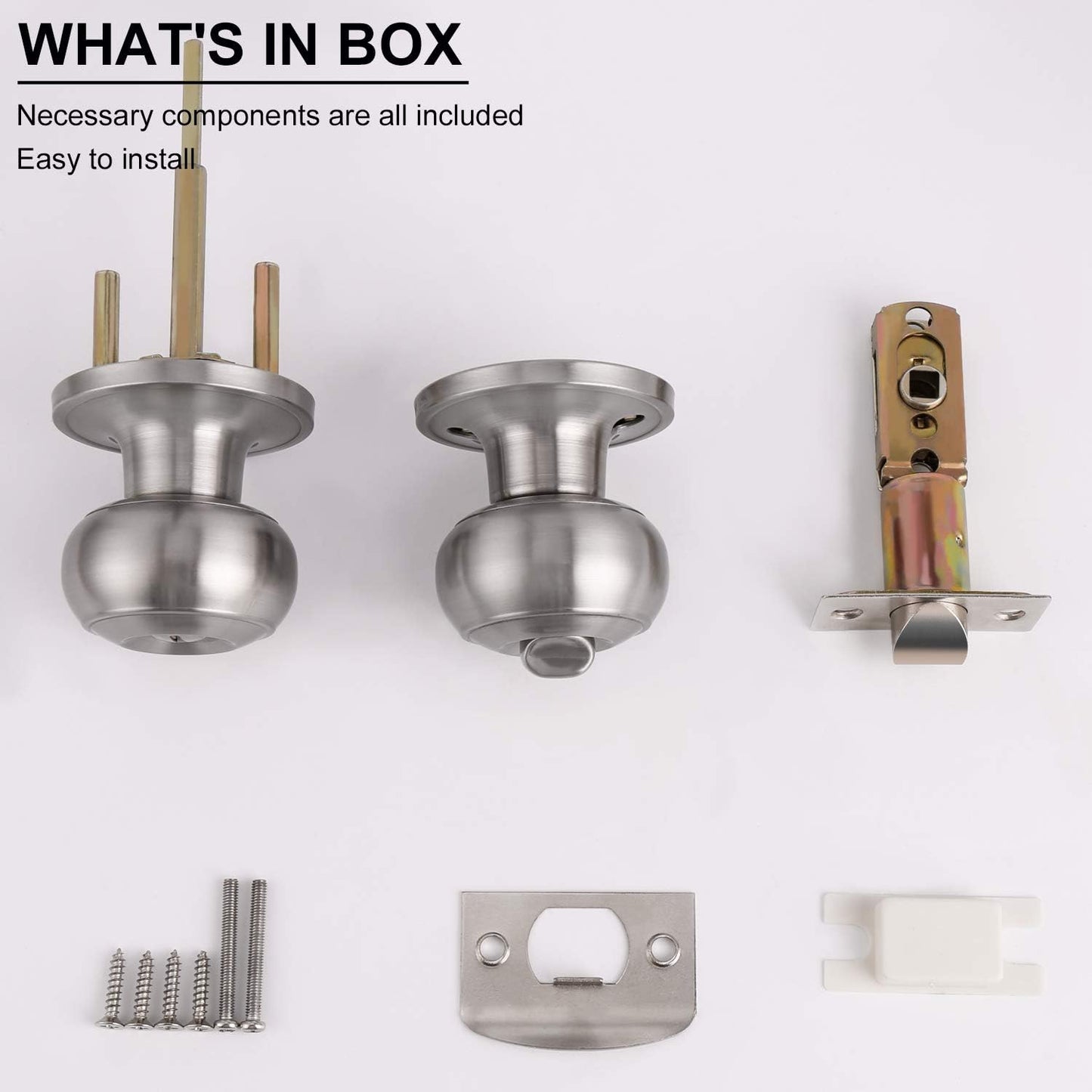 Satin Nickel Privacy Door Knob Set for Bed/Bathroom, Brushed Nickel Finish - Flat Ball Style, Keyless Entry - 1 Pack