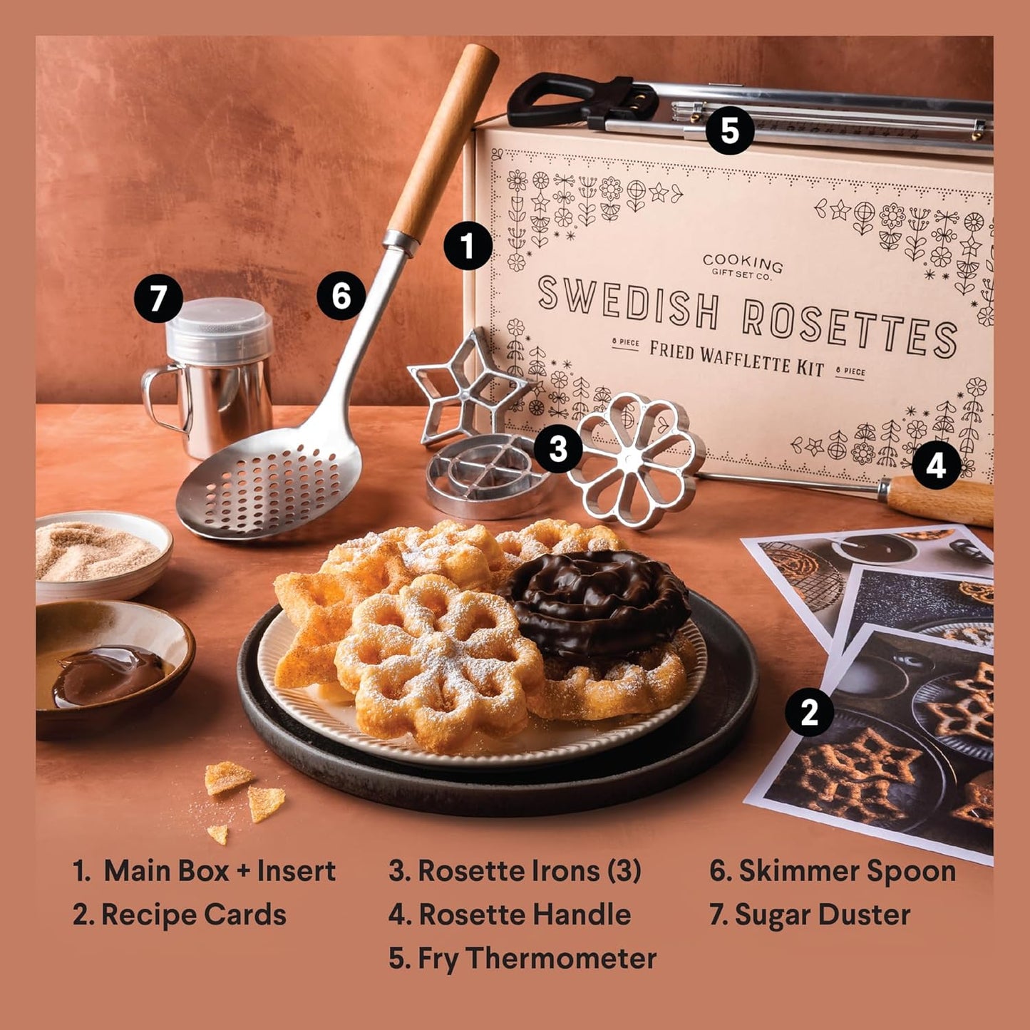 Scandinavian Rosettes Iron Set with Bunuelos Mold - Funnel Cake Kit for Baking Swedish Cookies - Perfect Gift for Mom or Chef