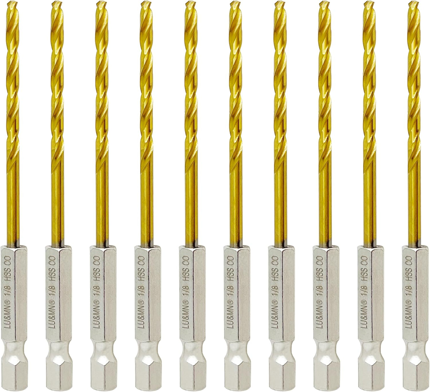 Set of 10 Titanium HSS Twist Drill Bits with 1/8" Hex Shank
