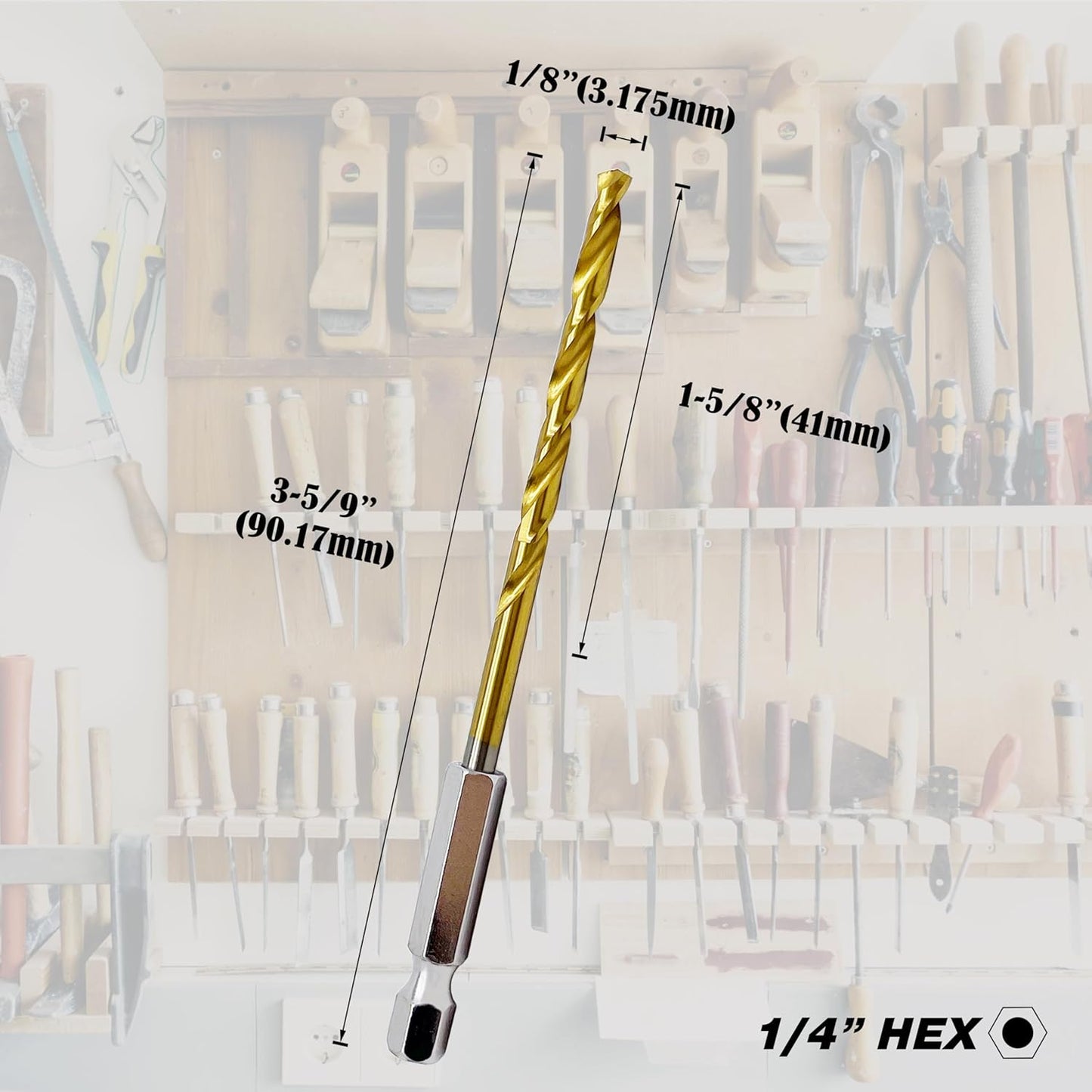 Set of 10 Titanium HSS Twist Drill Bits with 1/8" Hex Shank