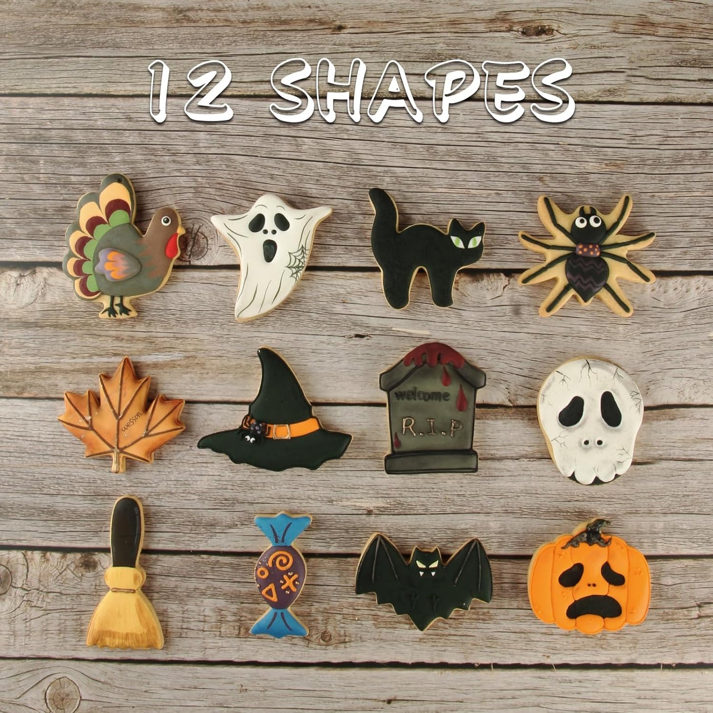 Set of 12 Stainless Steel Halloween Cookie Cutters - Pumpkin, Cat, Bat, Ghost, Witch Hat Shapes - Decorations for Halloween Party - Gift Box Included
