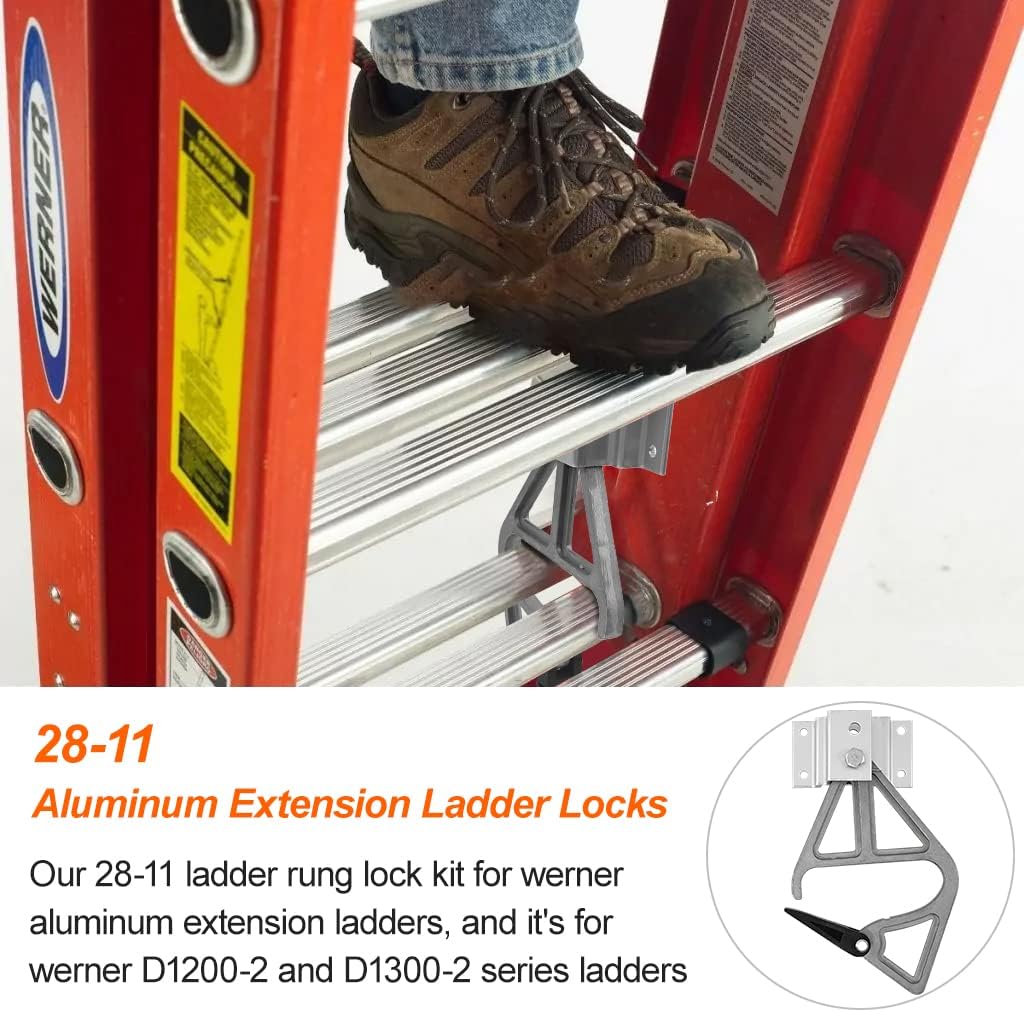Set of 2 Aluminum Extension Ladder Locks for Werner 28-11, Rung Lock Kit, Compatible with 24ft, 28ft, 32ft Ladders