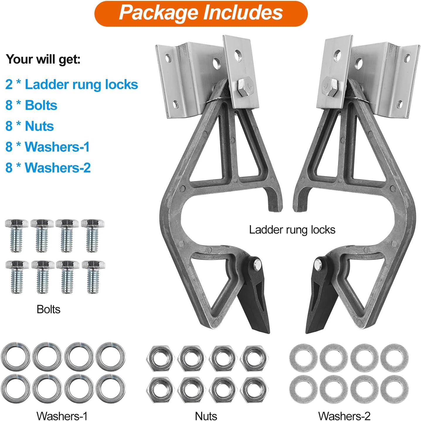Set of 2 Aluminum Extension Ladder Locks for Werner 28-11, Rung Lock Kit, Compatible with 24ft, 28ft, 32ft Ladders