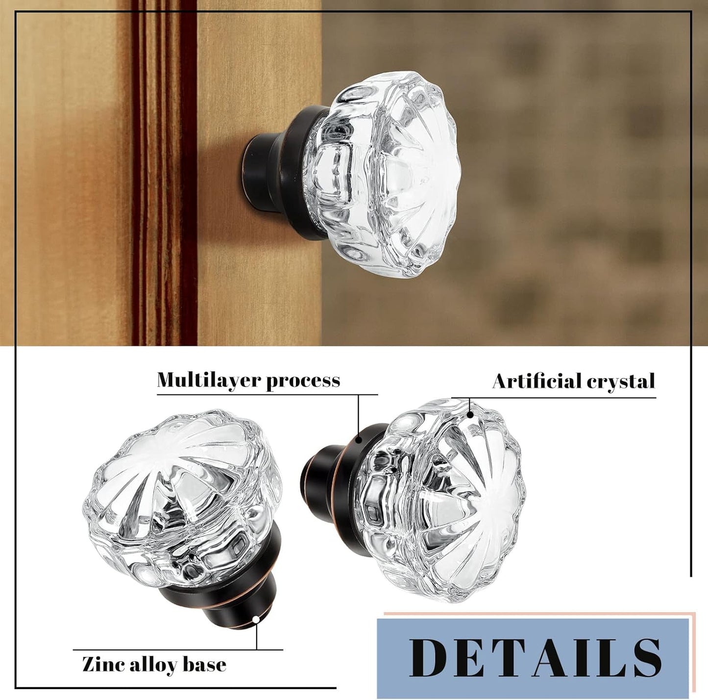 Set of 2 Antique Bronze Fluted Crystal Glass Door Knobs with Spindle - Mortise Style for Home Interior