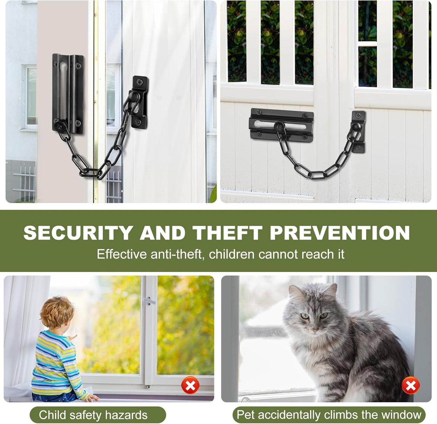 Set of 2 Black Door Chain Locks for Interior Security, Heavy-Duty Thickened Chain Lock with 12 Screws