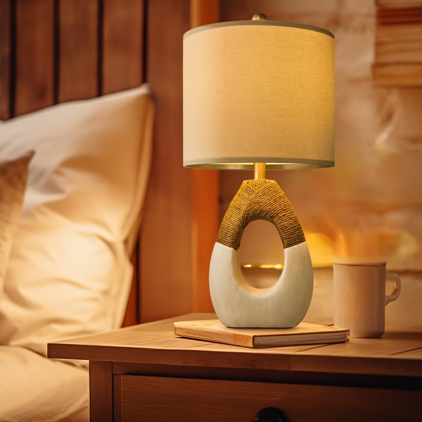 Set of 2 Boho Rattan Table Lamps 19" for Bedroom & Living Room - Rustic Farmhouse Home Decor Nightstand Bedside Lamp - Compatible with Smart Bulbs (Bulbs Not Included)