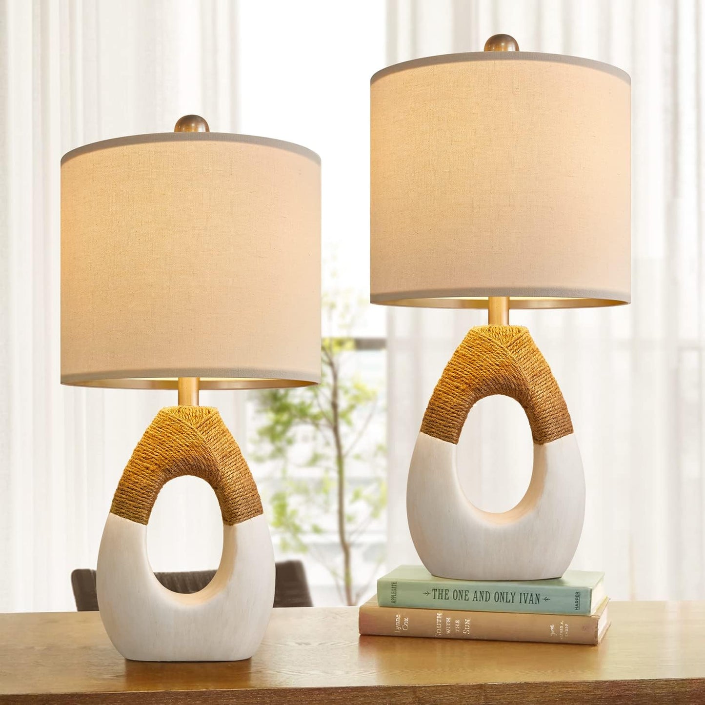 Set of 2 Boho Rattan Table Lamps 19" for Bedroom & Living Room - Rustic Farmhouse Home Decor Nightstand Bedside Lamp - Compatible with Smart Bulbs (Bulbs Not Included)