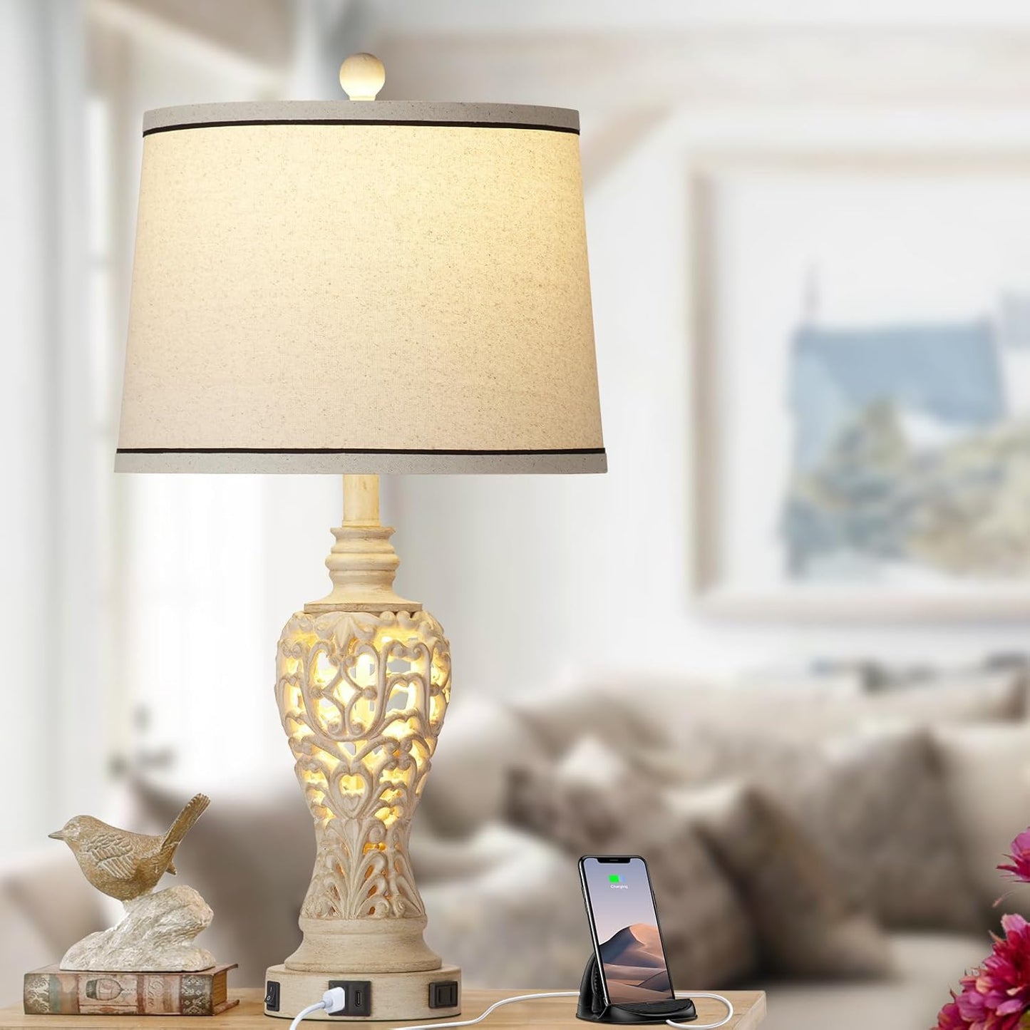 Set of 2 Farmhouse Table Lamps with Nightlight, Dual USB & AC Outlet, White Vintage Nightstand Lamps for Bedroom Living Room