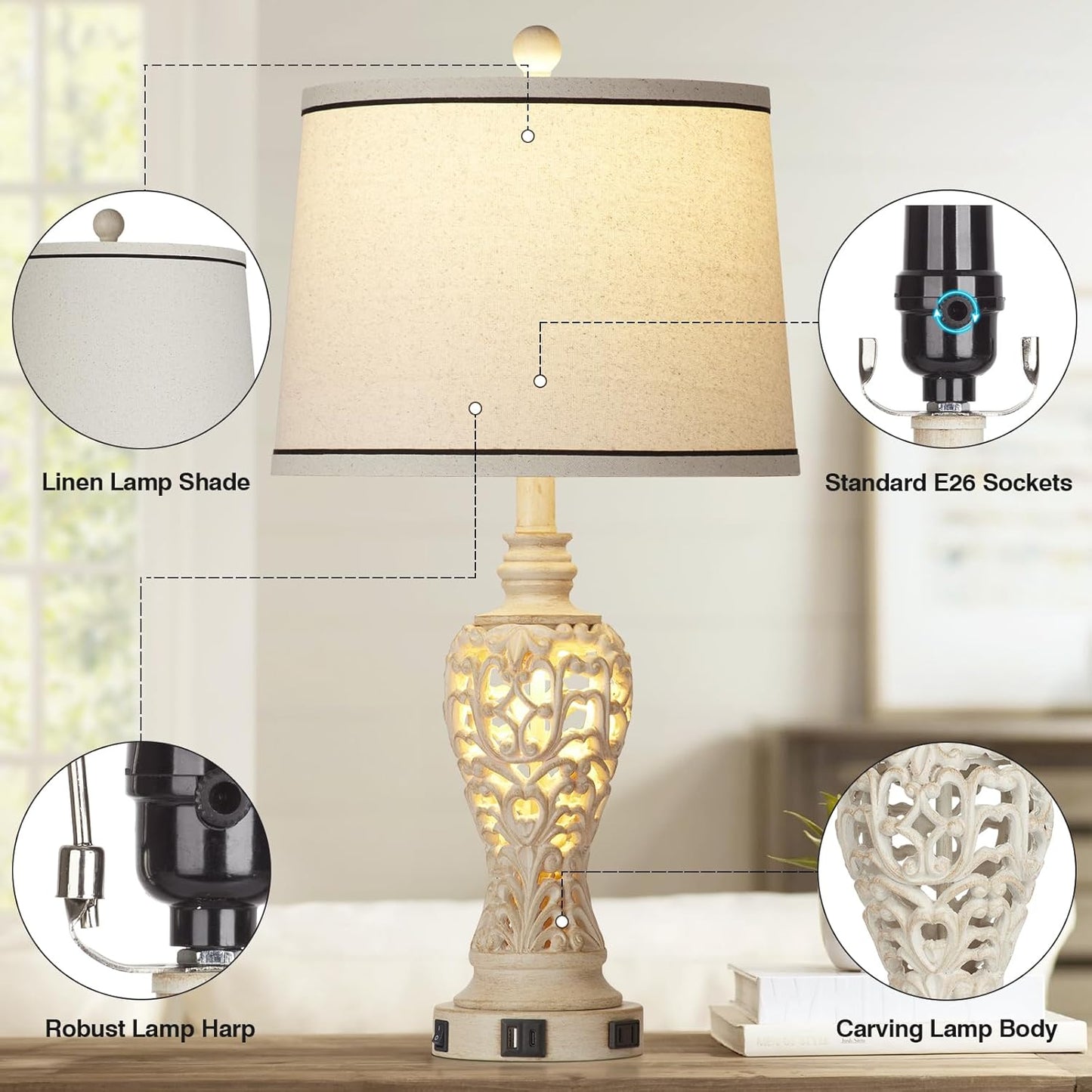 Set of 2 Farmhouse Table Lamps with Nightlight, Dual USB & AC Outlet, White Vintage Nightstand Lamps for Bedroom Living Room