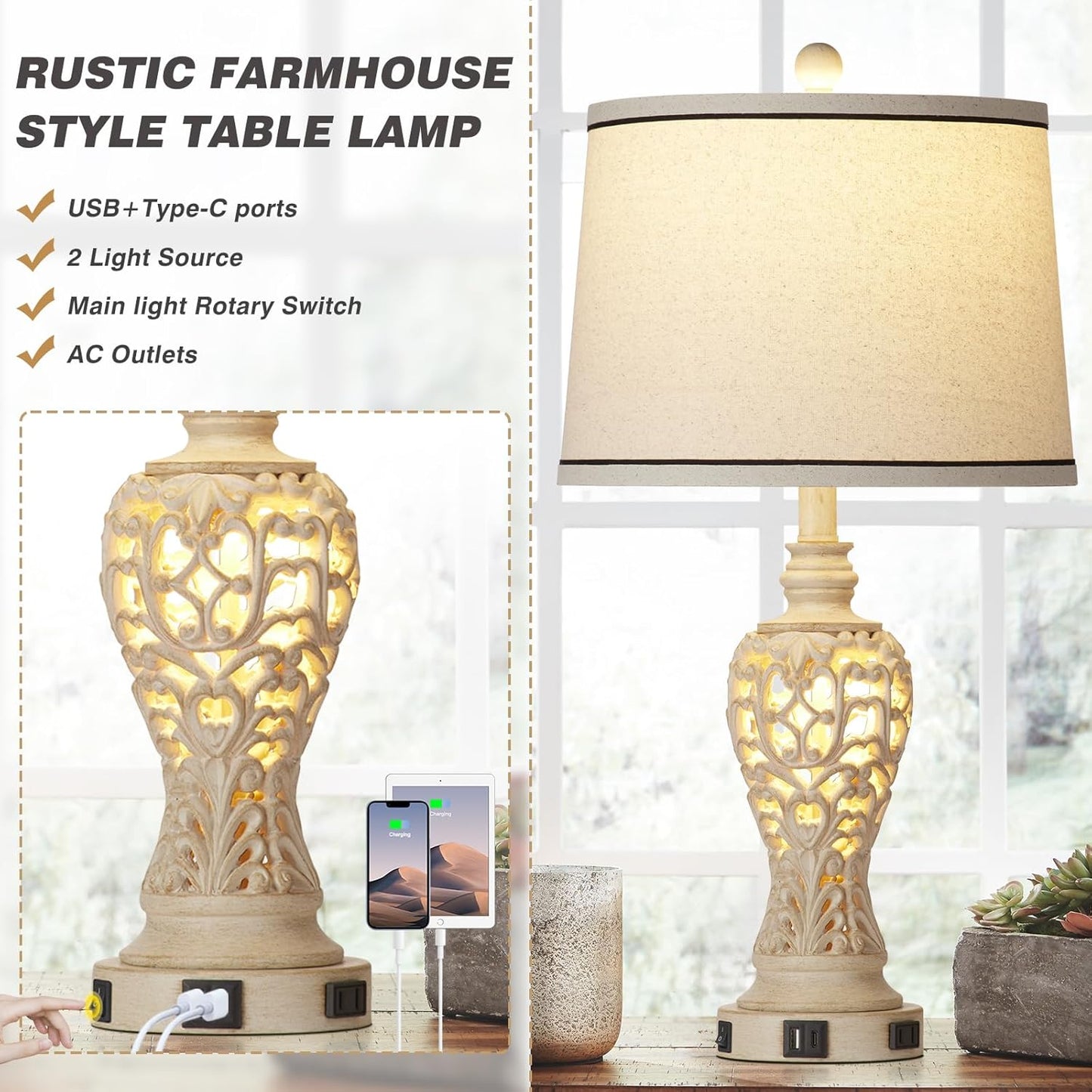 Set of 2 Farmhouse Table Lamps with Nightlight, Dual USB & AC Outlet, White Vintage Nightstand Lamps for Bedroom Living Room