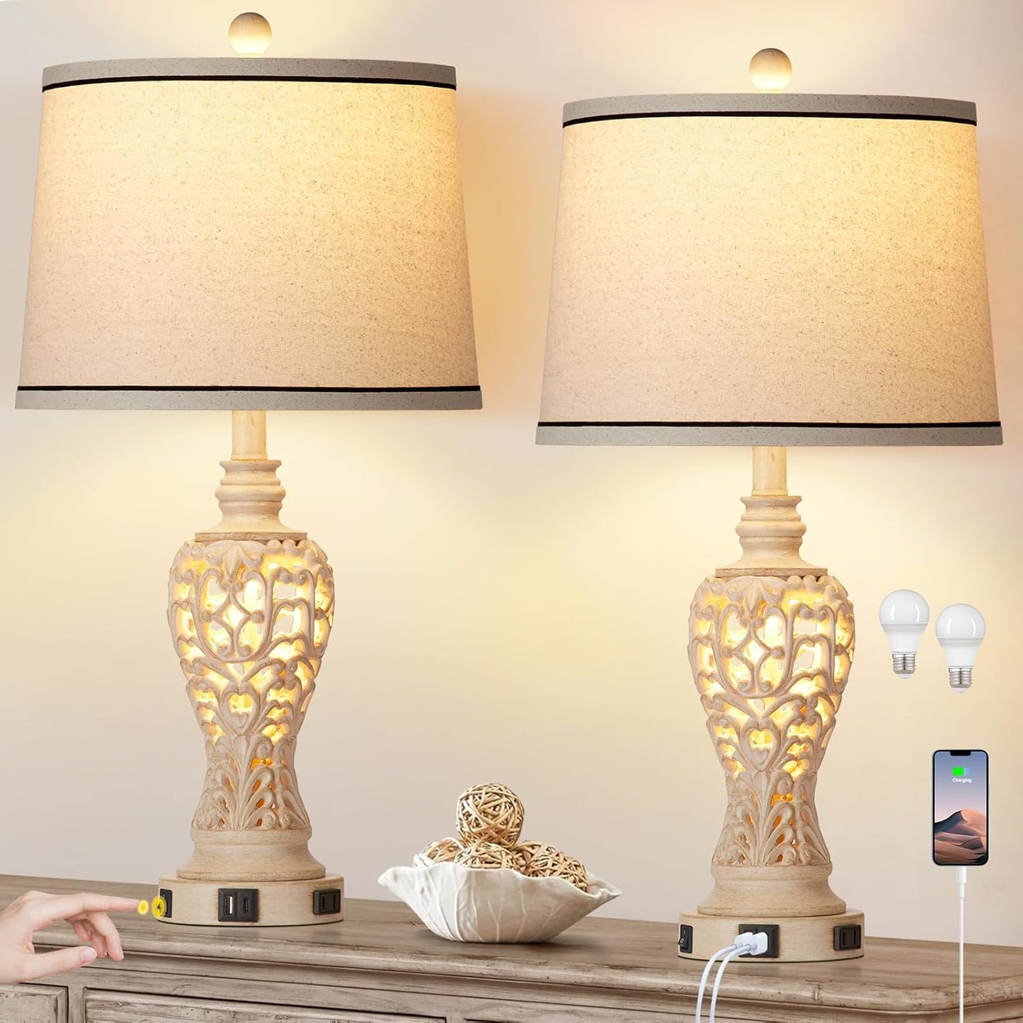 Set of 2 Farmhouse Table Lamps with Nightlight, Dual USB & AC Outlet, White Vintage Nightstand Lamps for Bedroom Living Room