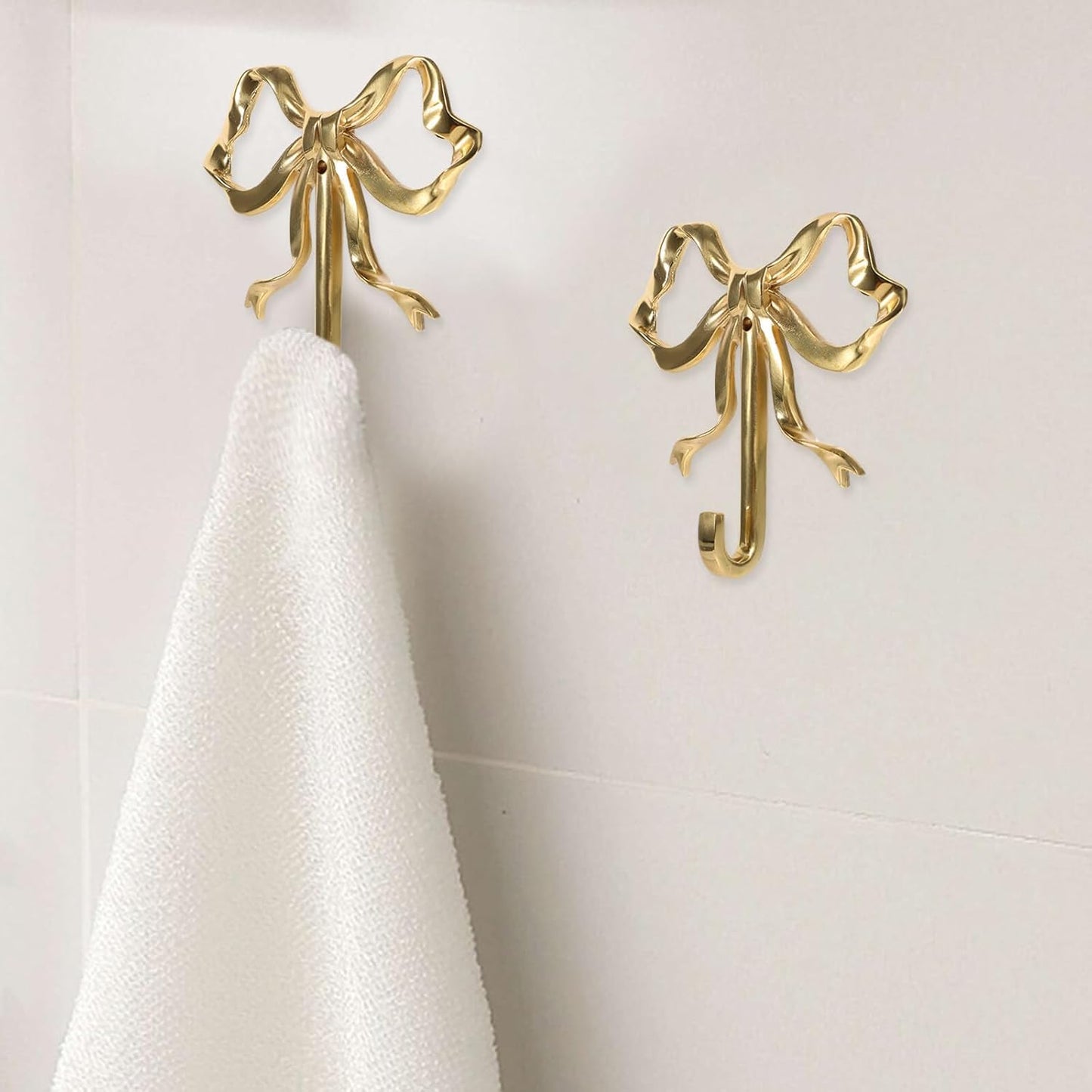 Set of 2 Large Brass Bow Hooks for Hanging Coats, Hats, and Towels - Gold Wall Hooks with Bowknot Design (3.62X3.54X0.79in)
