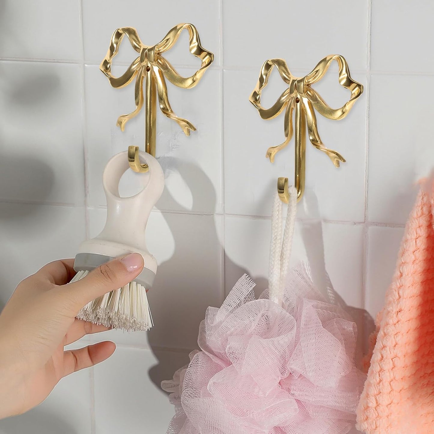 Set of 2 Large Brass Bow Hooks for Hanging Coats, Hats, and Towels - Gold Wall Hooks with Bowknot Design (3.62X3.54X0.79in)