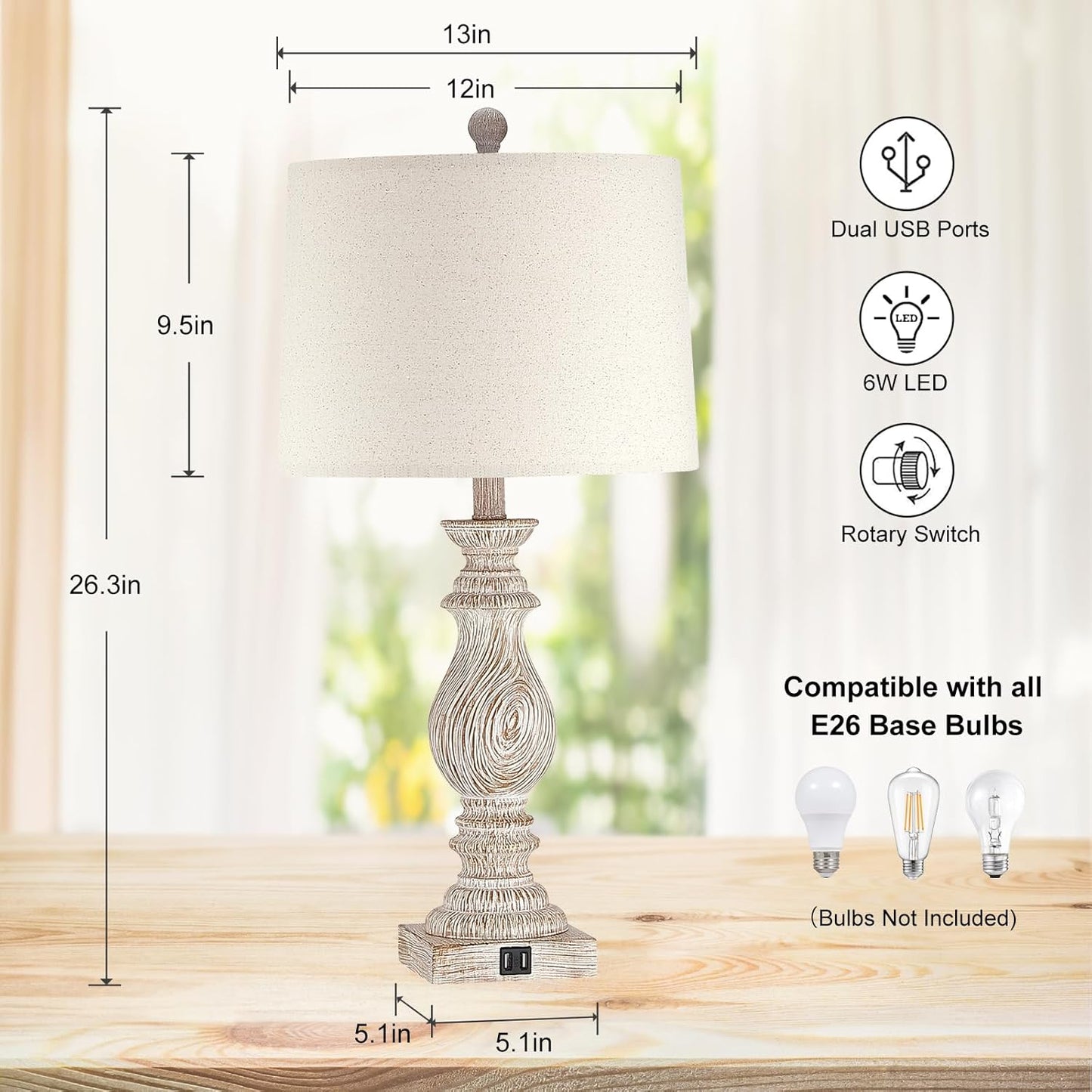 Set of 2 Rustic Table Lamps with USB Charging Ports for Living Room and Bedroom - Vintage Nightstand Lamp with Dimmable End Table Resin Desk Lamp (26.3")