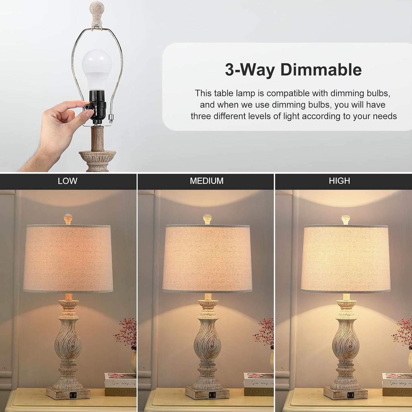 Set of 2 Rustic Table Lamps with USB Charging Ports for Living Room and Bedroom - Vintage Nightstand Lamp with Dimmable End Table Resin Desk Lamp (26.3")
