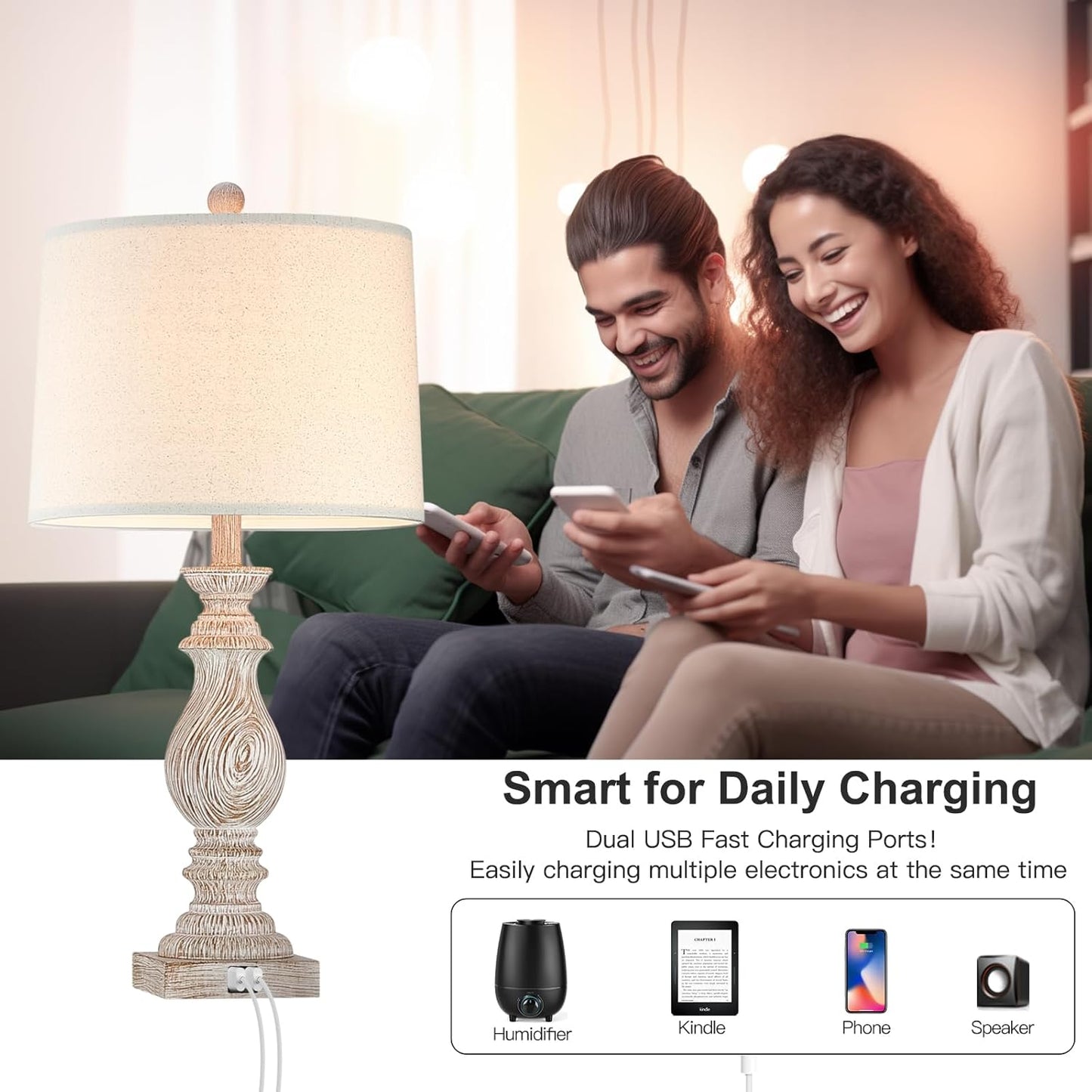 Set of 2 Rustic Table Lamps with USB Charging Ports for Living Room and Bedroom - Vintage Nightstand Lamp with Dimmable End Table Resin Desk Lamp (26.3")