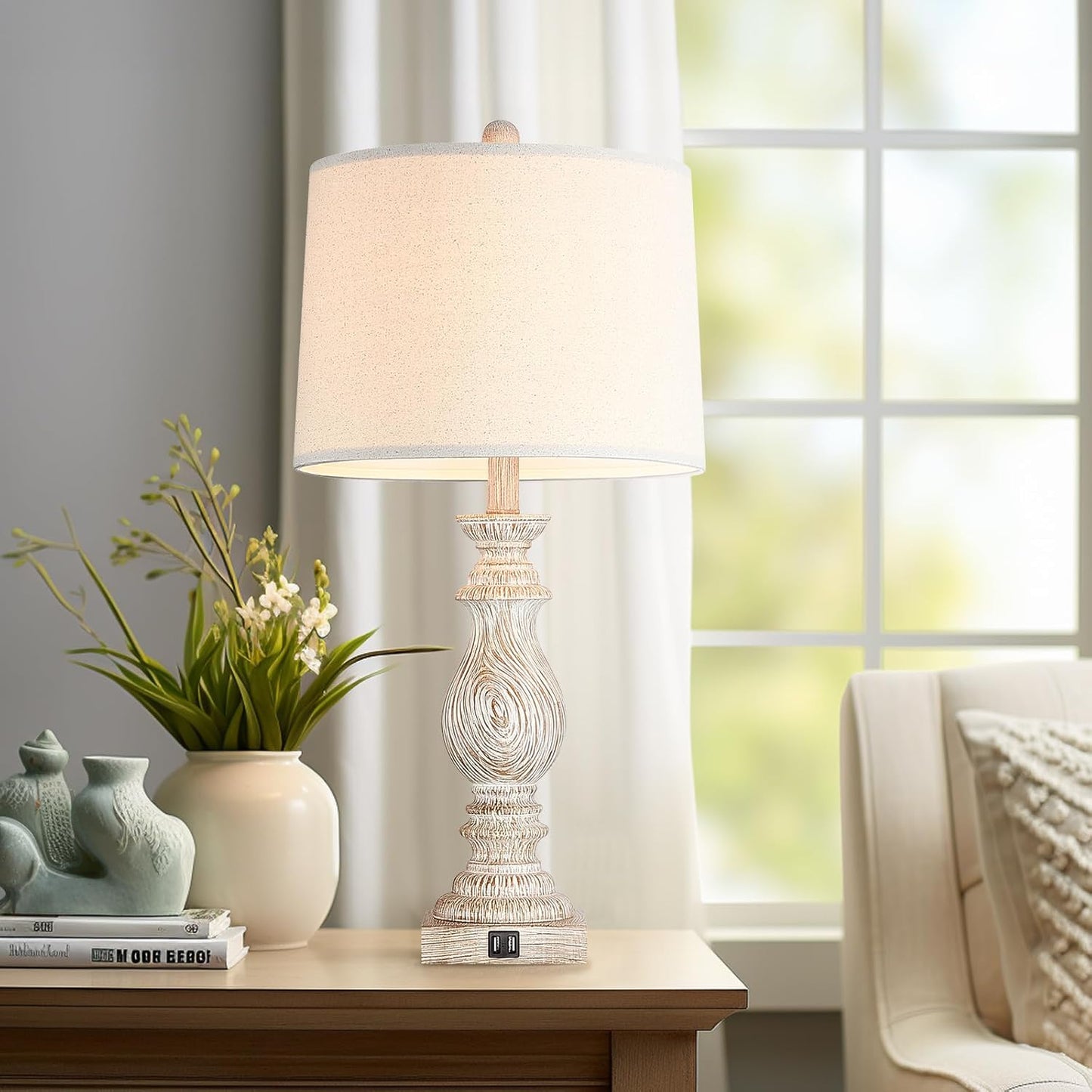 Set of 2 Rustic Table Lamps with USB Charging Ports for Living Room and Bedroom - Vintage Nightstand Lamp with Dimmable End Table Resin Desk Lamp (26.3")