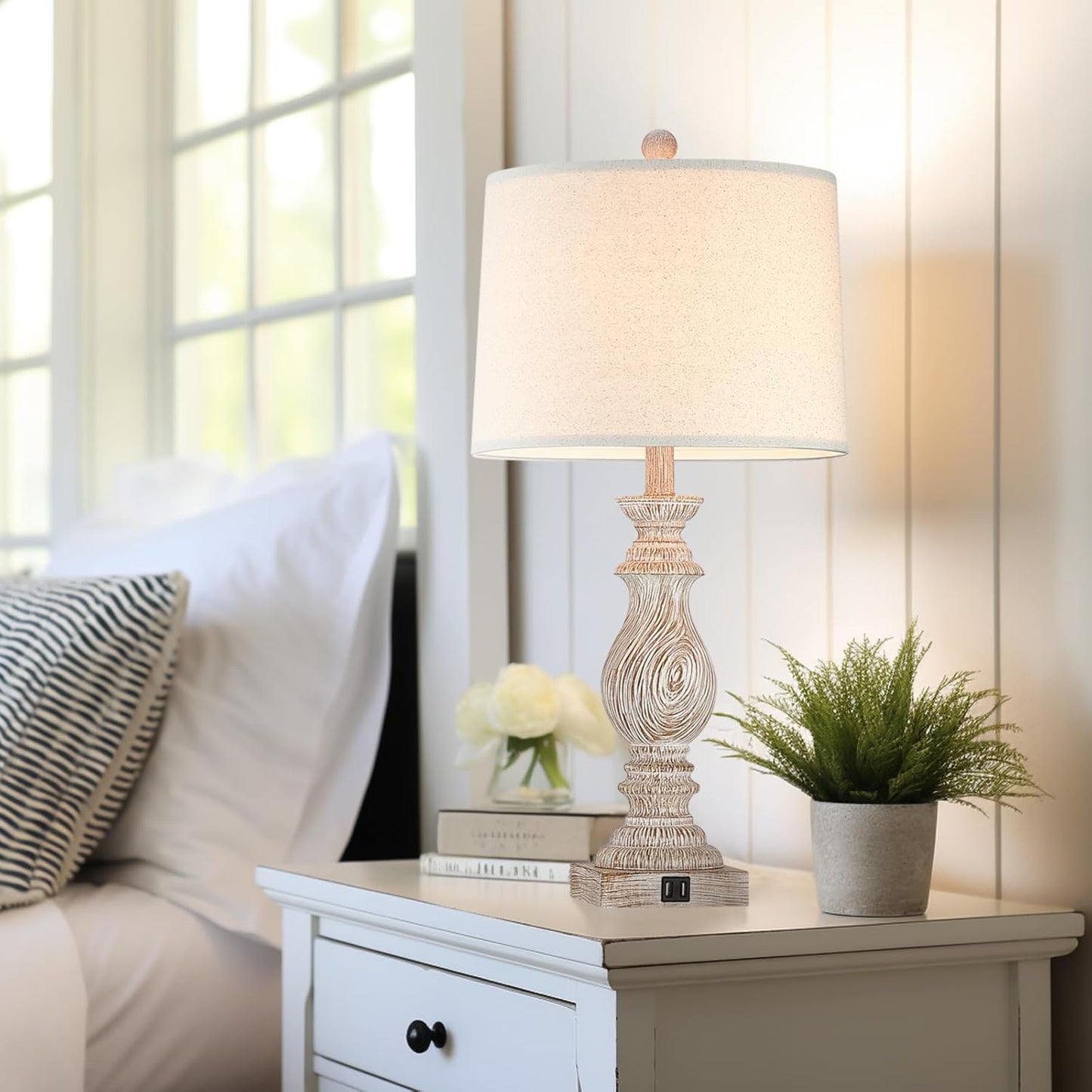 Set of 2 Rustic Table Lamps with USB Charging Ports for Living Room and Bedroom - Vintage Nightstand Lamp with Dimmable End Table Resin Desk Lamp (26.3")