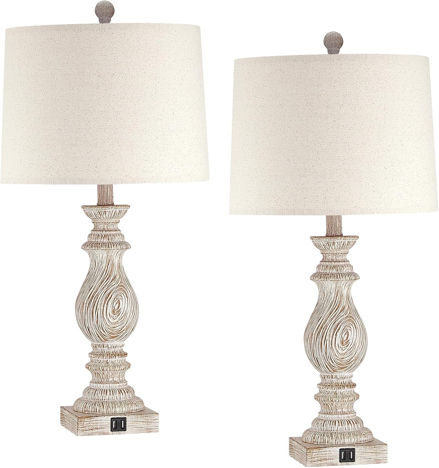 Set of 2 Rustic Table Lamps with USB Charging Ports for Living Room and Bedroom - Vintage Nightstand Lamp with Dimmable End Table Resin Desk Lamp (26.3")