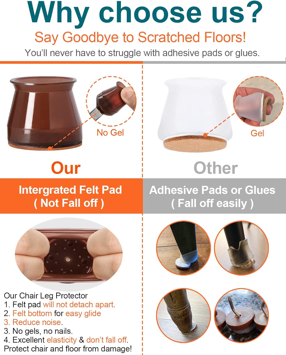 Set of 24 Brown Chair Leg Floor Protectors - Furniture Felt Pads for Hardwood Floors - Silicone Caps for Chair Legs (Large Size: 1.3''-2'')