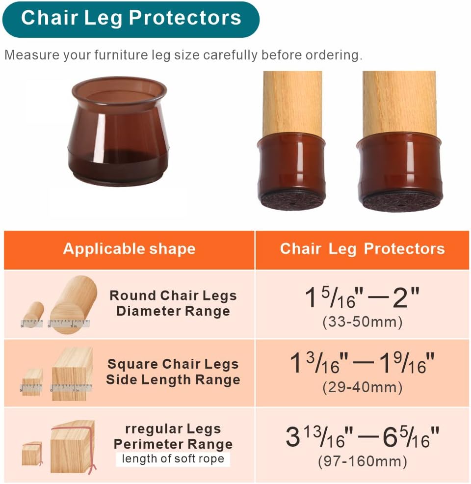 Set of 24 Brown Chair Leg Floor Protectors - Furniture Felt Pads for Hardwood Floors - Silicone Caps for Chair Legs (Large Size: 1.3''-2'')