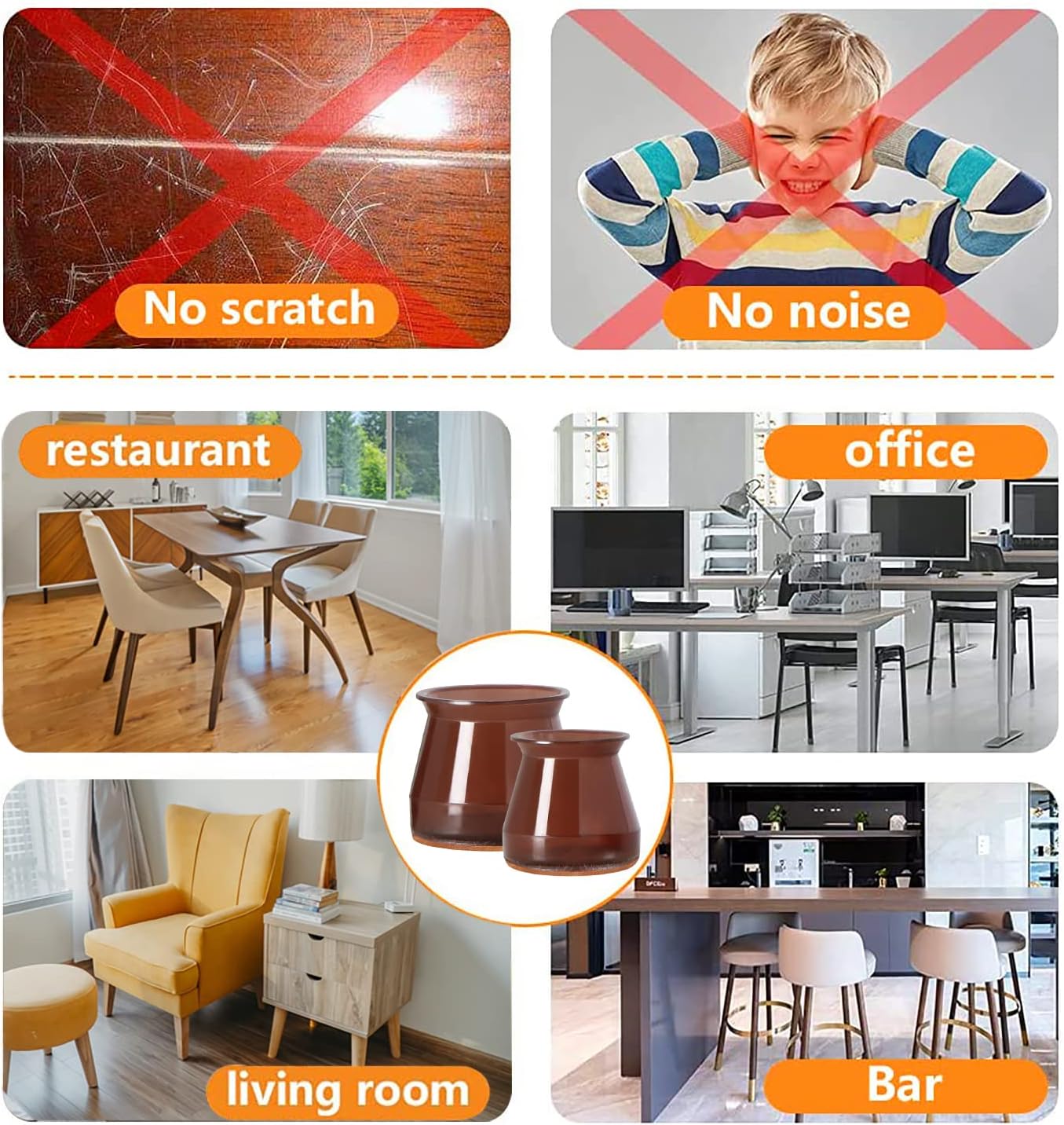 Set of 24 Brown Chair Leg Floor Protectors - Furniture Felt Pads for Hardwood Floors - Silicone Caps for Chair Legs (Large Size: 1.3''-2'')