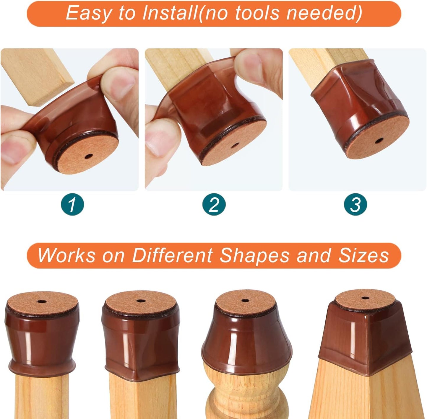 Set of 24 Brown Chair Leg Floor Protectors - Furniture Felt Pads for Hardwood Floors - Silicone Caps for Chair Legs (Large Size: 1.3''-2'')