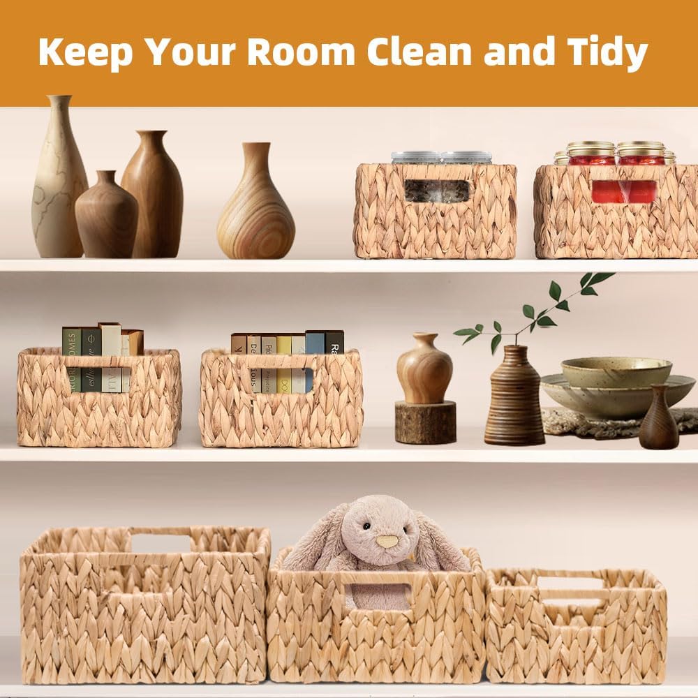 Set of 3 Hand-Woven Water Hyacinth Storage Baskets with Built-In Handles - Natural Square Wicker Baskets for Pantry, Bathroom, Kitchen - Organizers for Shelves and Countertops