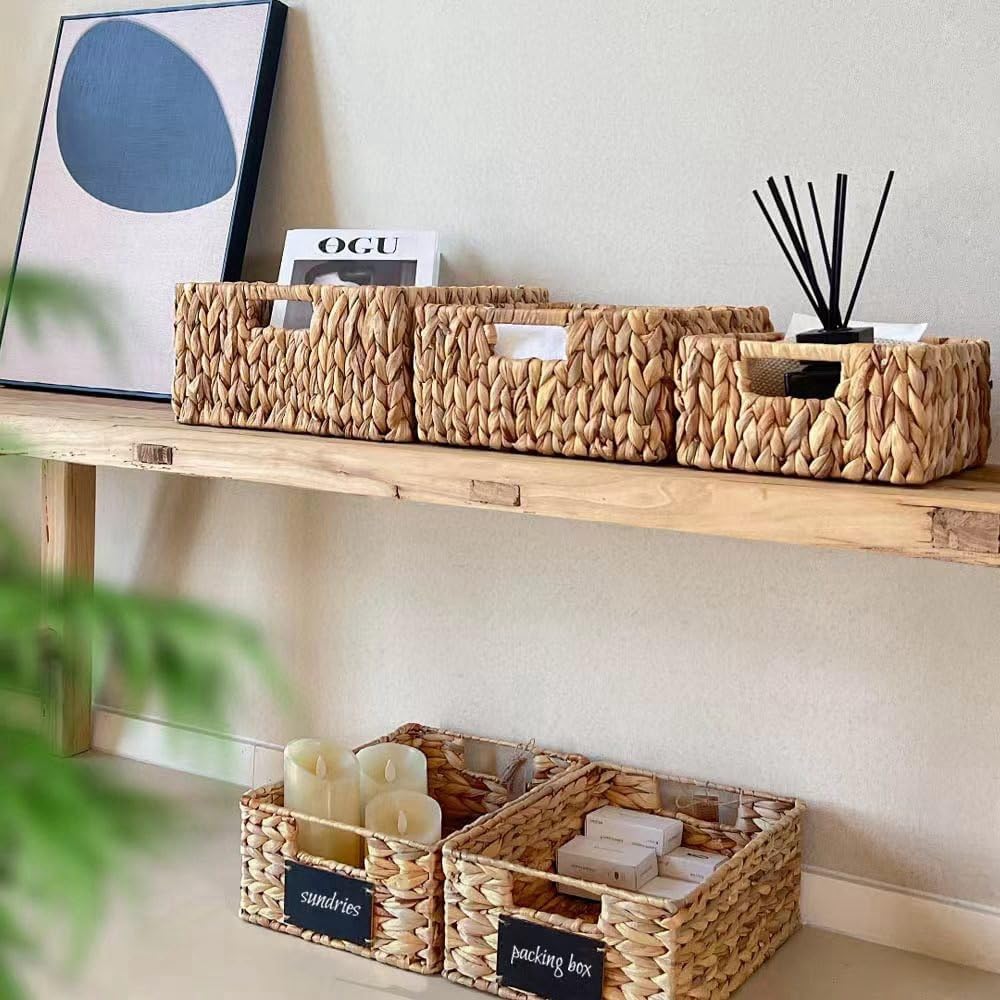 Set of 3 Hand-Woven Water Hyacinth Storage Baskets with Built-In Handles - Natural Square Wicker Baskets for Pantry, Bathroom, Kitchen - Organizers for Shelves and Countertops
