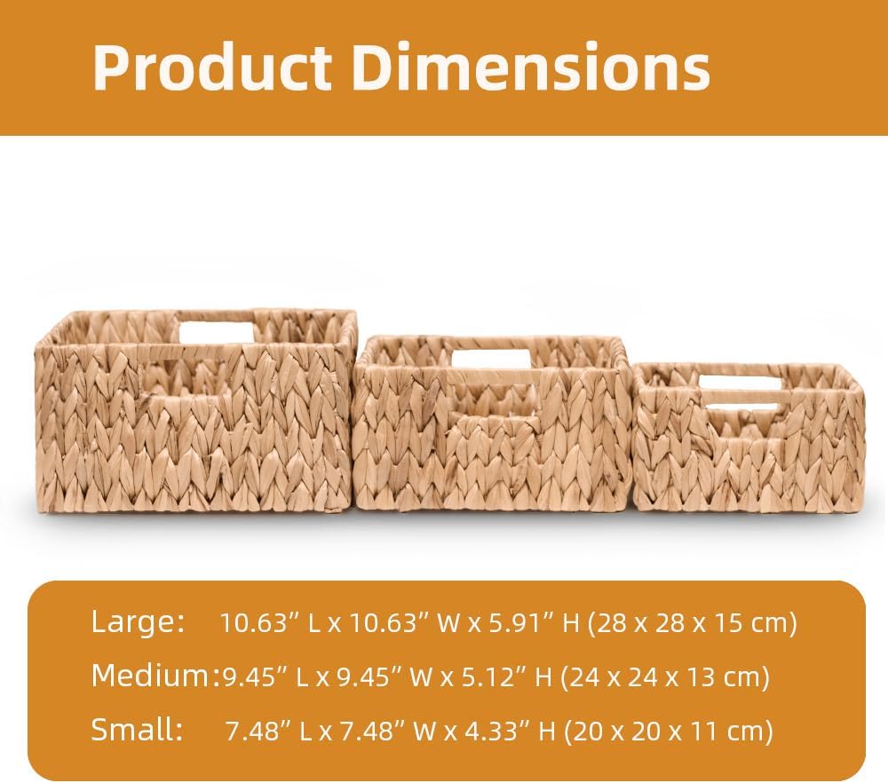 Set of 3 Hand-Woven Water Hyacinth Storage Baskets with Built-In Handles - Natural Square Wicker Baskets for Pantry, Bathroom, Kitchen - Organizers for Shelves and Countertops