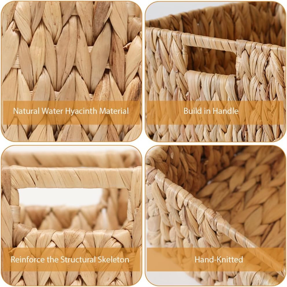 Set of 3 Hand-Woven Water Hyacinth Storage Baskets with Built-In Handles - Natural Square Wicker Baskets for Pantry, Bathroom, Kitchen - Organizers for Shelves and Countertops