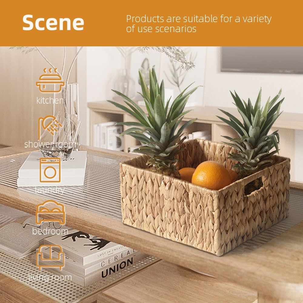 Set of 3 Hand-Woven Water Hyacinth Storage Baskets with Built-In Handles - Natural Square Wicker Baskets for Pantry, Bathroom, Kitchen - Organizers for Shelves and Countertops