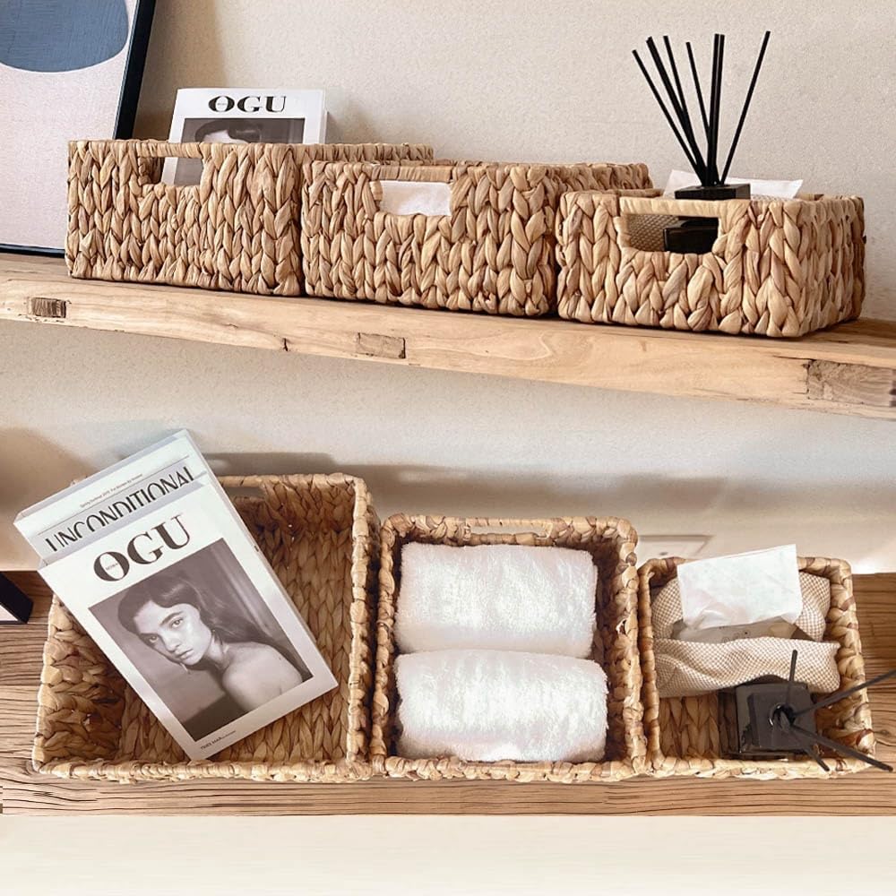Set of 3 Hand-Woven Water Hyacinth Storage Baskets with Built-In Handles - Natural Square Wicker Baskets for Pantry, Bathroom, Kitchen - Organizers for Shelves and Countertops