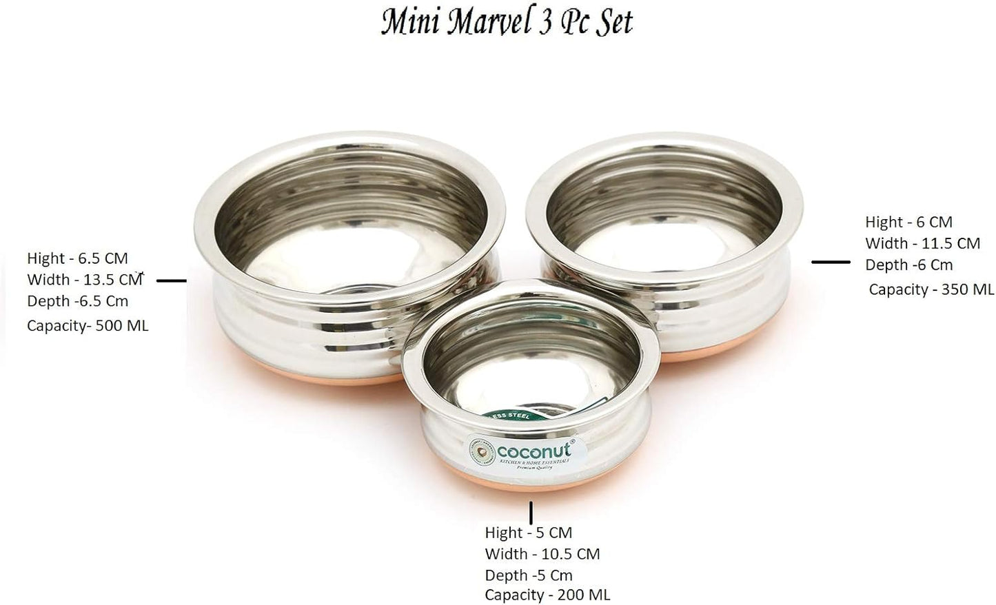 Set of 3 Mini Handis - Coconut Stainless Steel with Copper Bottom (150ML, 250ML, 350ML)