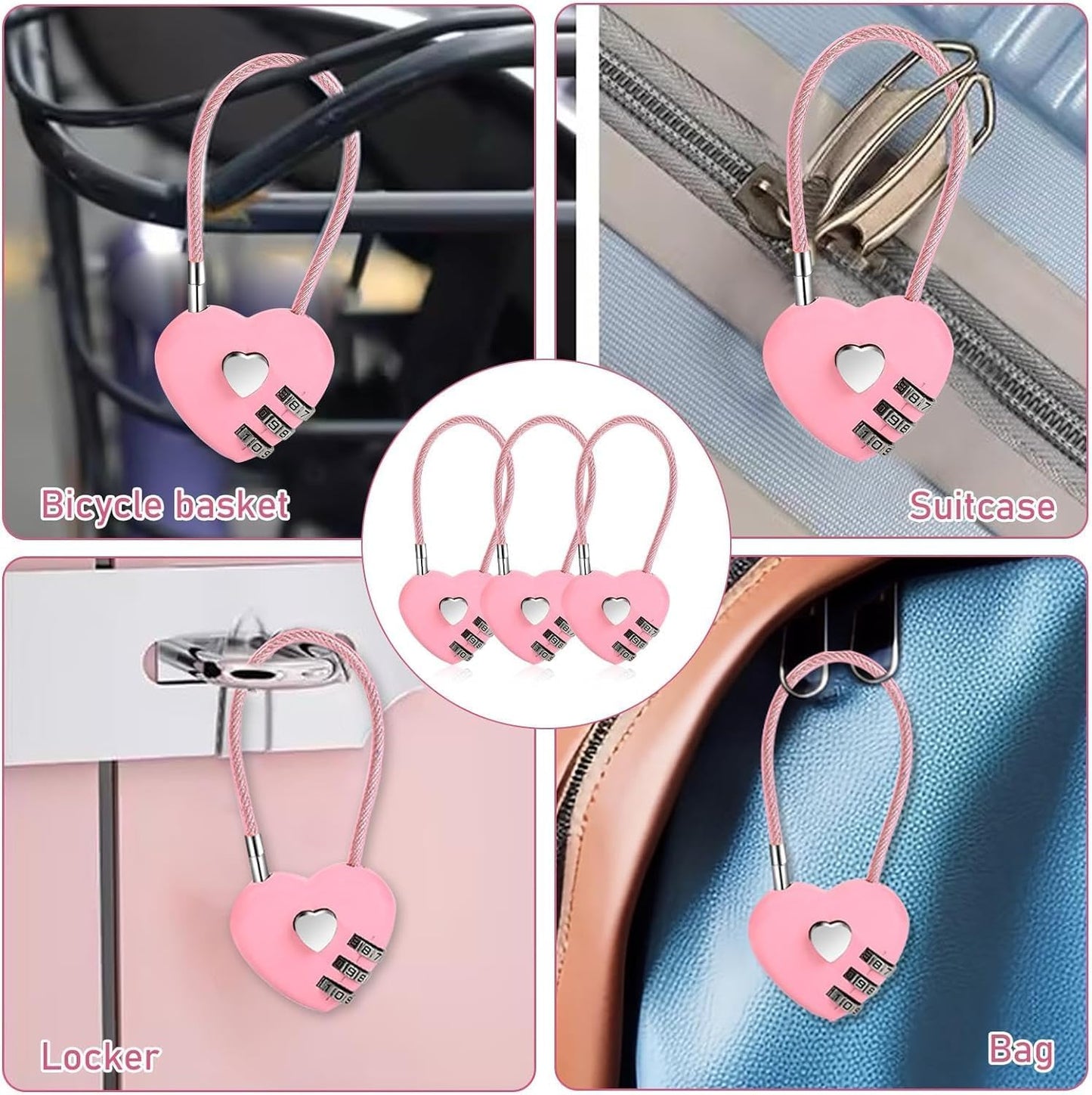 Set of 3 Pink 3-Digit Combination Locks with Heart Design, Waterproof Mini Padlocks for Travel Bags, Suitcases, and Backpacks
